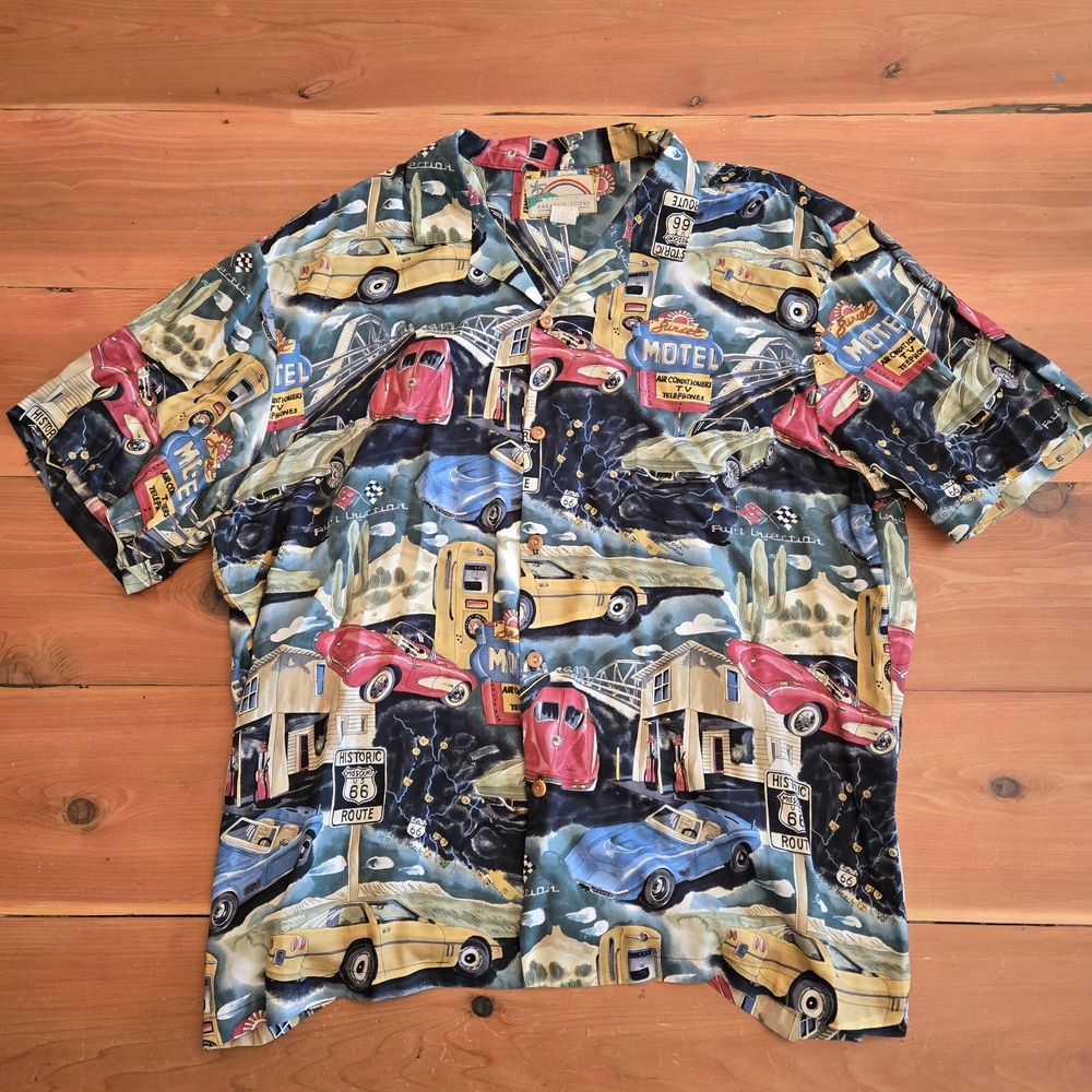 Vintage-Inspired Men's Short Sleeve Button Shirt - Multicolor Route 66 Print